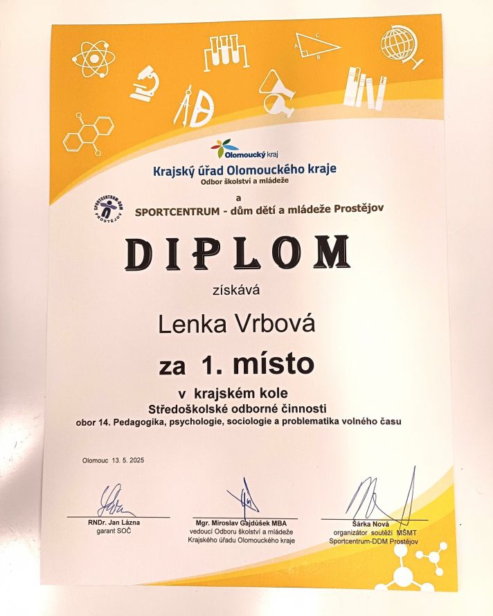 diplom za první místo v soč