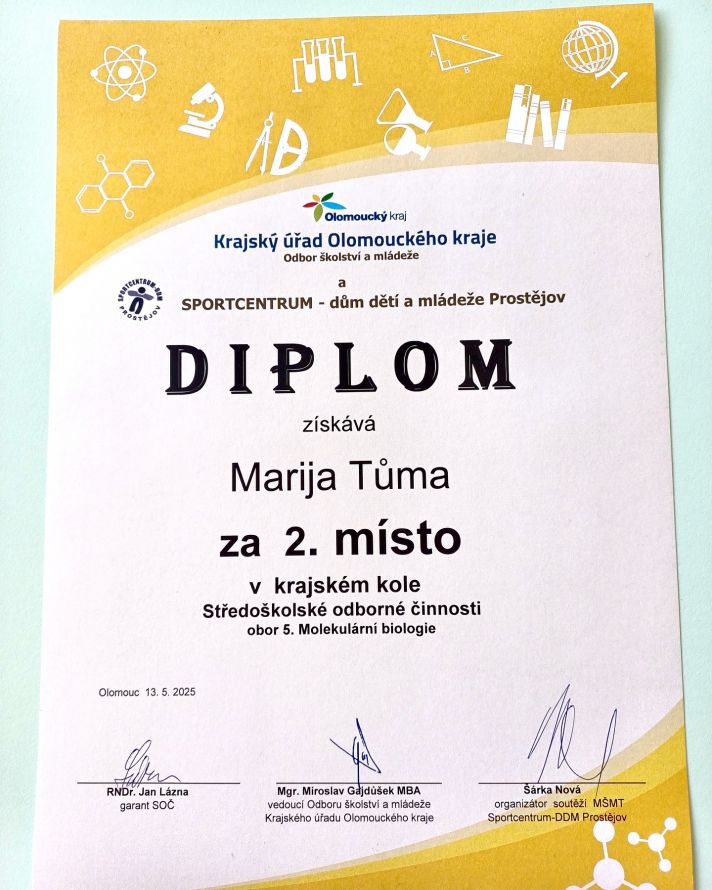 diplom za 2. místo v soč